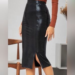 Faux croc leather slit pencil skirt